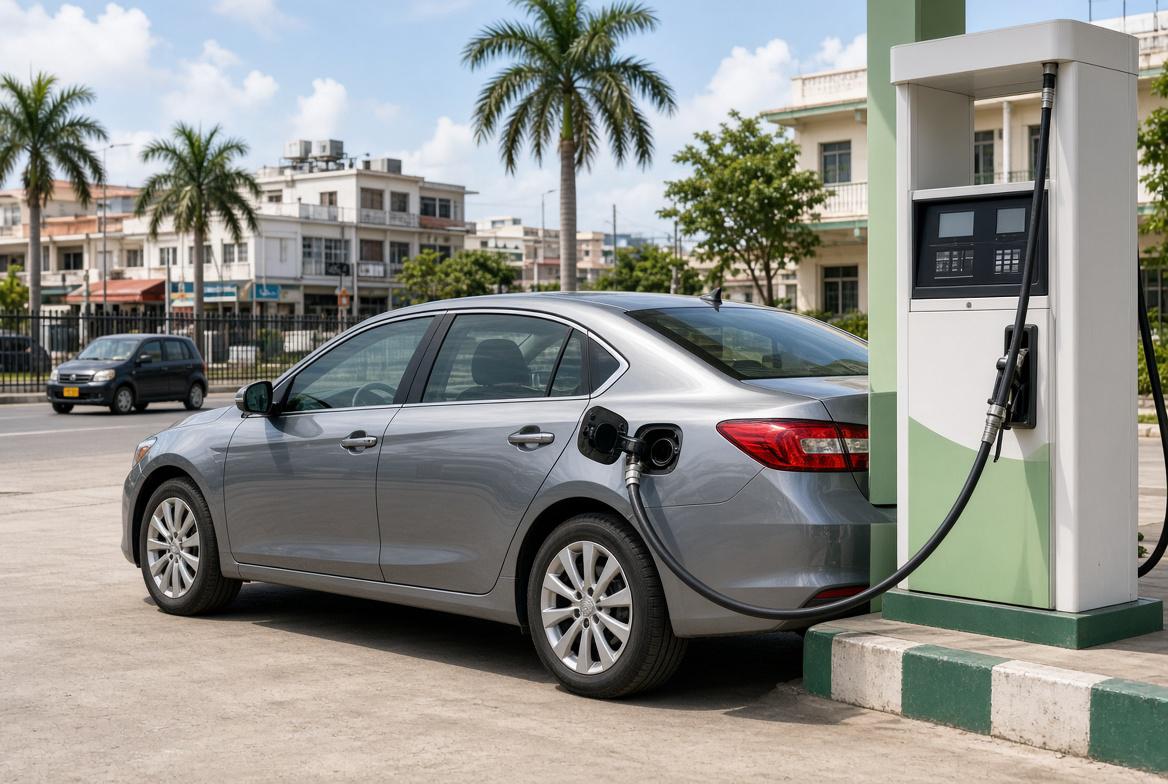 Vehicle filling cleaner fuel in Dar es Salaam